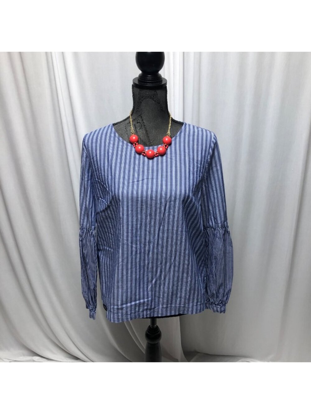 A New Day Blue Peasant Shirt Size Large Blue Stripe Balloon Sleeve Boho Top